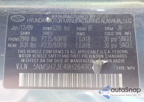 2009 Hyundai Santa Fe Se/Limited из США, поврежденный, VIN 5NMSH73E49H264904